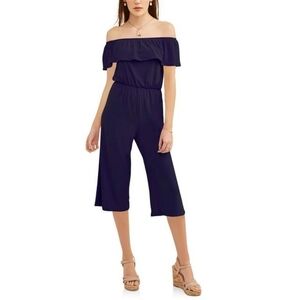 No Comment Navy Blue Off Shoulder Gaucho Cropped Jumpsuit Sz L Coastal V…